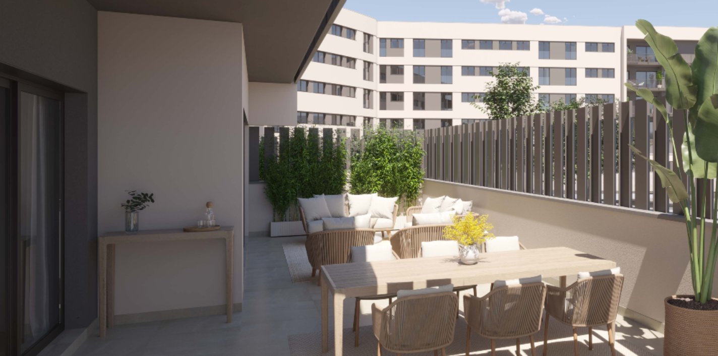 Terraza de las viviendas en planta baja de las futuras viviendas de Roget, la primera promoción de AEDAS Homes en Girona