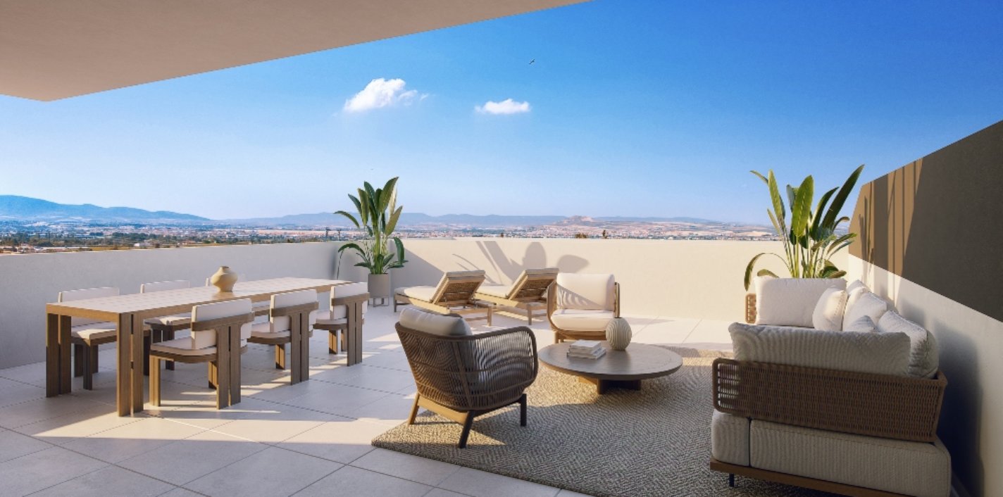 Recreación de la terraza de los fúturos áticos de la promoción Nura de AEDAS Homes en Granada