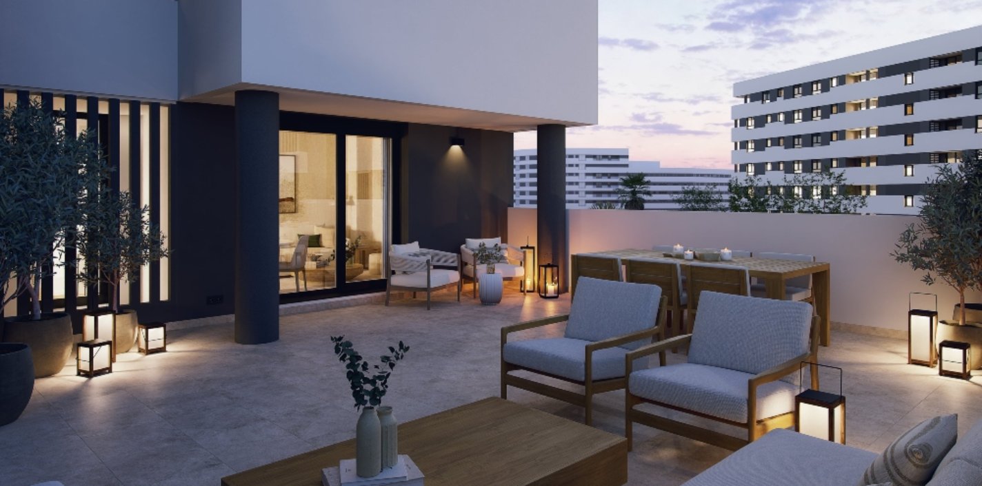 Terraza de las futuras viviendas de la nueva promoción Los Príncipes de AEDAS Homes en Jardines Hacienda Rosario, Sevilla