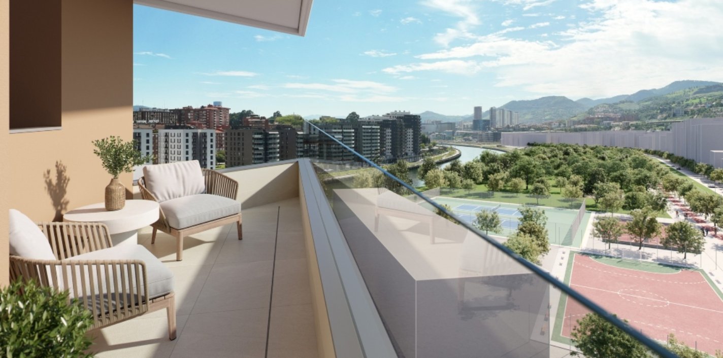 Gran terraza de las futuras viviendas de la nueva promoción Lyra de AEDAS Homes en Lyra en Bilbao, en la isla de Zorrozaurre