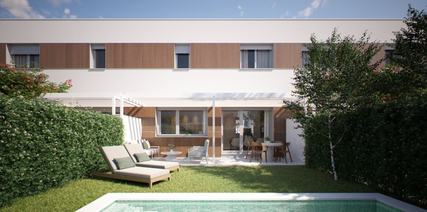 Una vivienda con piscina en el jardín de la promoción Dryas II de AEDAS Homes en Alcalá de Henares