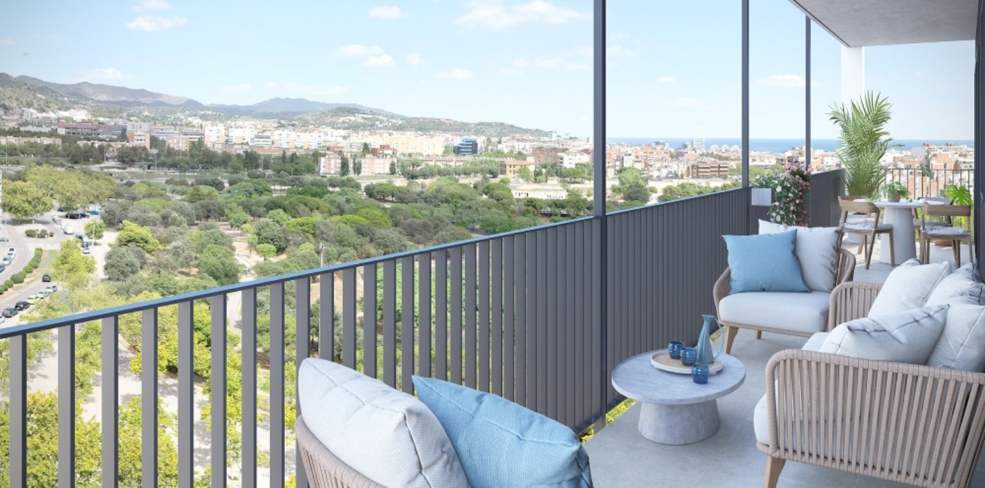 Terraza con vistas de una vivienda de la promoción Mesmer, donde el Agente IA Lara de AEDAS Homes ha intermediado en una venta