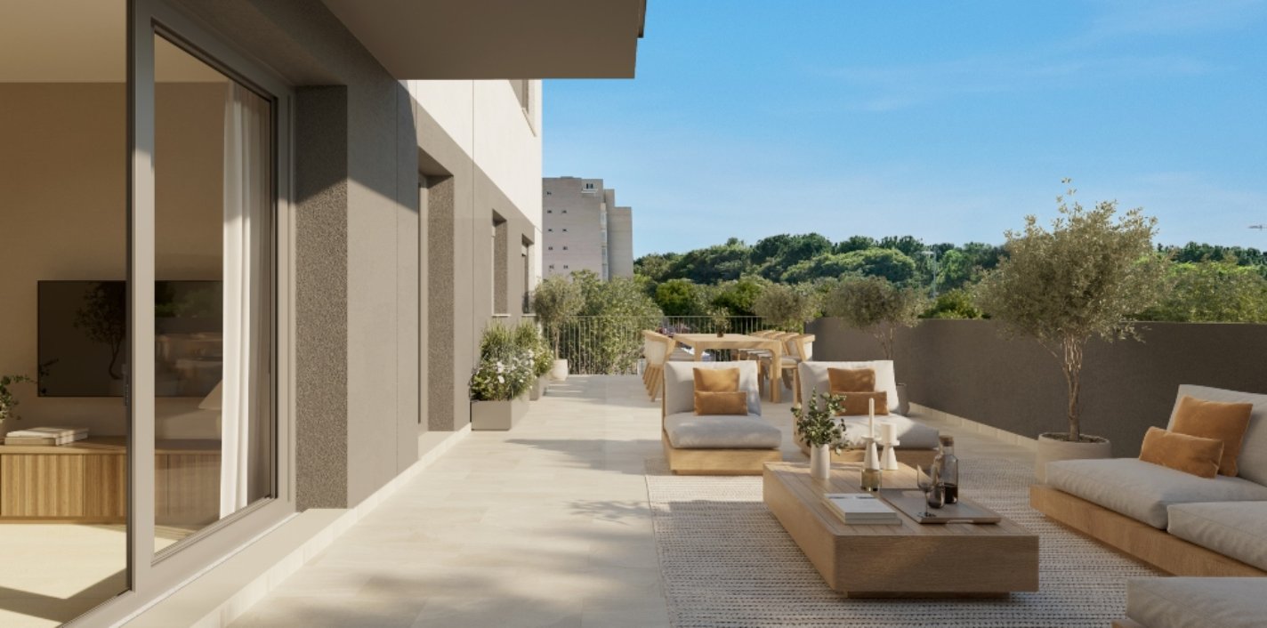 Terraza de uno de los áticos de la promoción Riura de AEDAS Homes en Paterna, Valencia