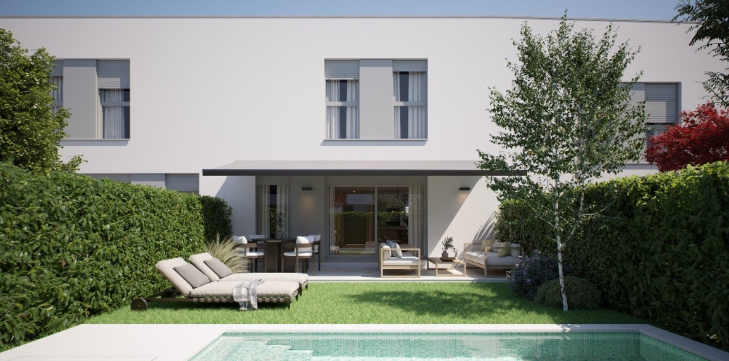 Jardín con piscina de las viviendas de la nueva promoción Dendra II de AEDAS Homes en Alcalá de Henares