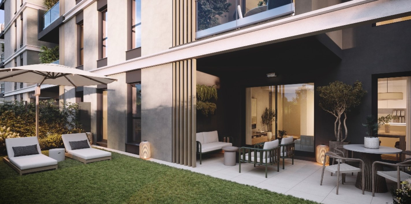 Terraza con jardín de las viviendas de la promoción Zeta Crown de AEDAS Homes en Distrito Zeta