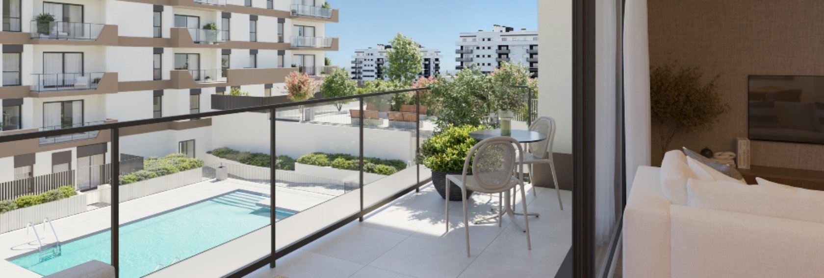 Infografía de una terraza de las futuras viviendas de la promoción Zeta Place de AEDAS Homes en el nuevo barrio de Distrito Zeta en Málaga