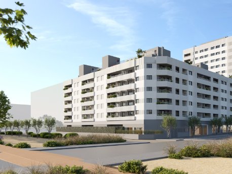 La promoción Sinán de AEDAS Homes en el nuevo barrio de Los Berrocales en Madrid está al lado de la gran avenida del ámbito