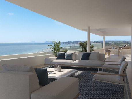Terraza de las futuras viviendas de la promoción Índigo de AEDAS Homes en el sector Zenity (La Gaspara) junto al mar