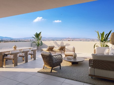Recreación de la terraza de los fúturos áticos de la promoción Nura de AEDAS Homes en Granada