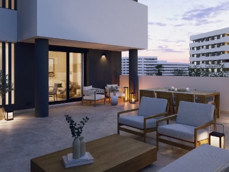 Terraza de las futuras viviendas de la nueva promoción Los Príncipes de AEDAS Homes en Jardines Hacienda Rosario, Sevilla
