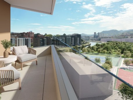Gran terraza de las futuras viviendas de la nueva promoción Lyra de AEDAS Homes en Lyra en Bilbao, en la isla de Zorrozaurre