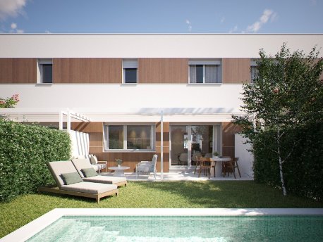 Una vivienda con piscina en el jardín de la promoción Dryas II de AEDAS Homes en Alcalá de Henares
