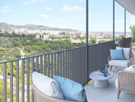 Terraza con vistas de una vivienda de la promoción Mesmer, donde el Agente IA Lara de AEDAS Homes ha intermediado en una venta Terraza con vistas de una vivienda de la promoción Mesmer, donde el Agente IA Lara de AEDAS Homes ha intermediado en una venta