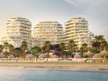 Fachada al mar del proyecto Térmica Beach que promueve AEDAS Homes con GINKGO en Málaga capital