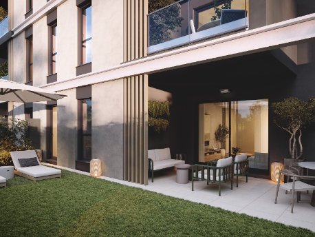 Terraza con jardín de las viviendas de la promoción Zeta Crown de AEDAS Homes en Distrito Zeta