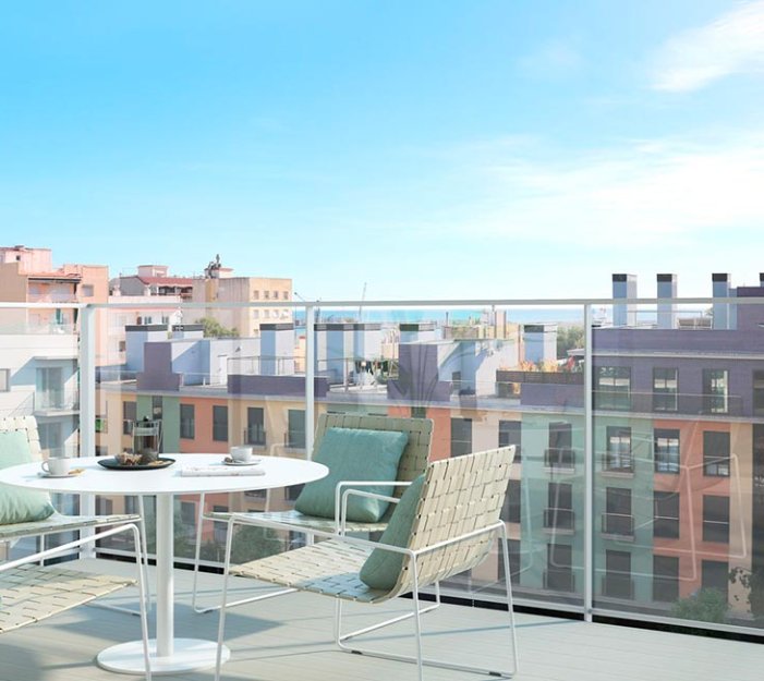 Terraza de la nueva promoción de viviendas Humboldt. Barcelona. AEDAS Homes