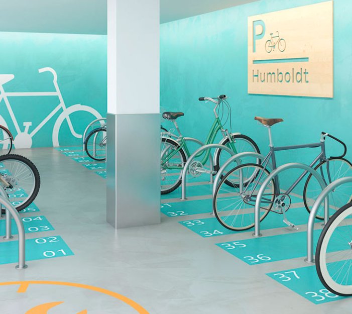 Parking de bicicletas de la nueva promoción de viviendas Humboldt. Barcelona. AEDAS Homes