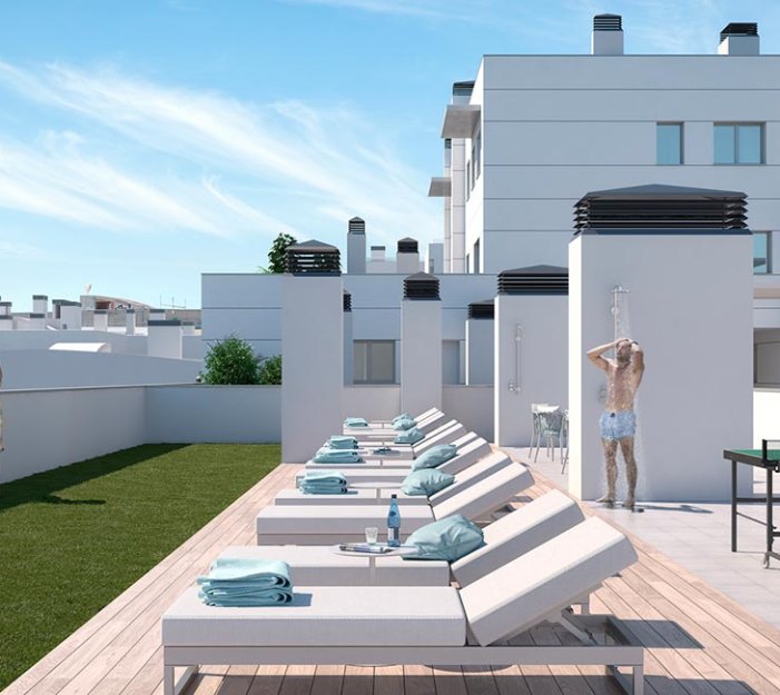 Solarium de la nueva promoción de viviendas Humboldt. Barcelona. AEDAS Homes