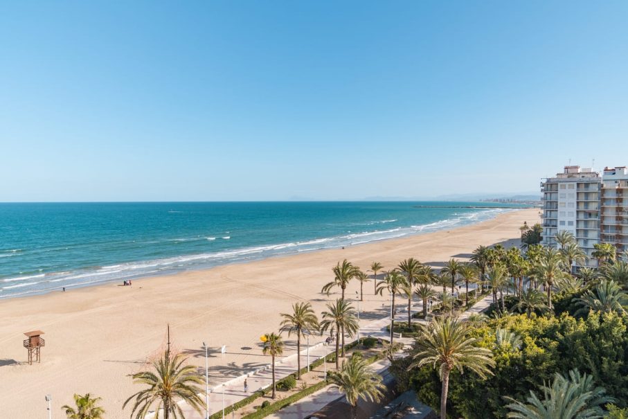 Playa de la Costa del Sol con palmeras y dos edificios.