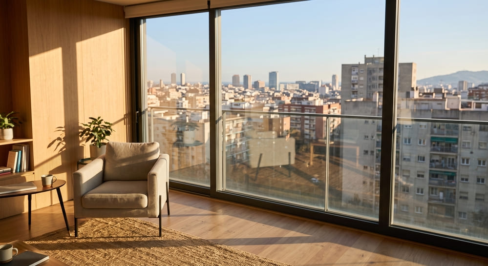 Salón de un piso con orientación al este.