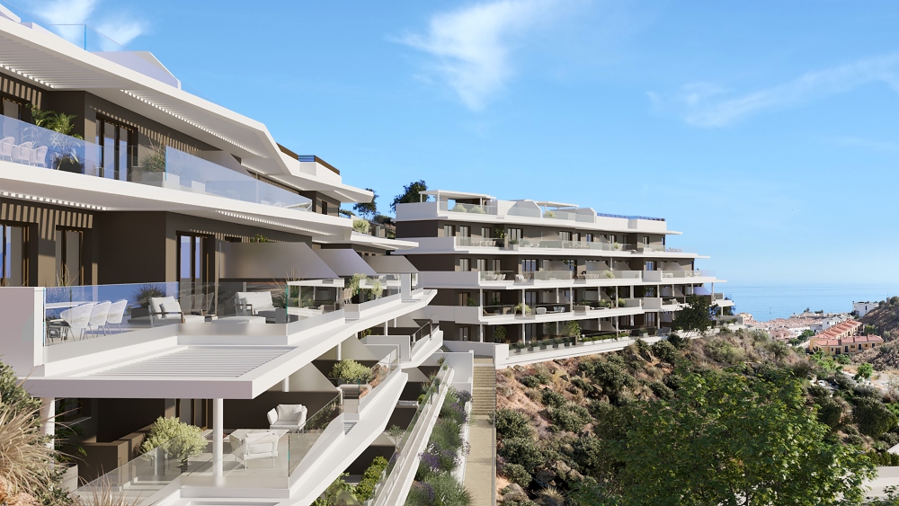 Terrazas de las viviendas de la nueva promoción Idilia Aire de AEDAS Homes en Rincón de la Victoria, Málaga