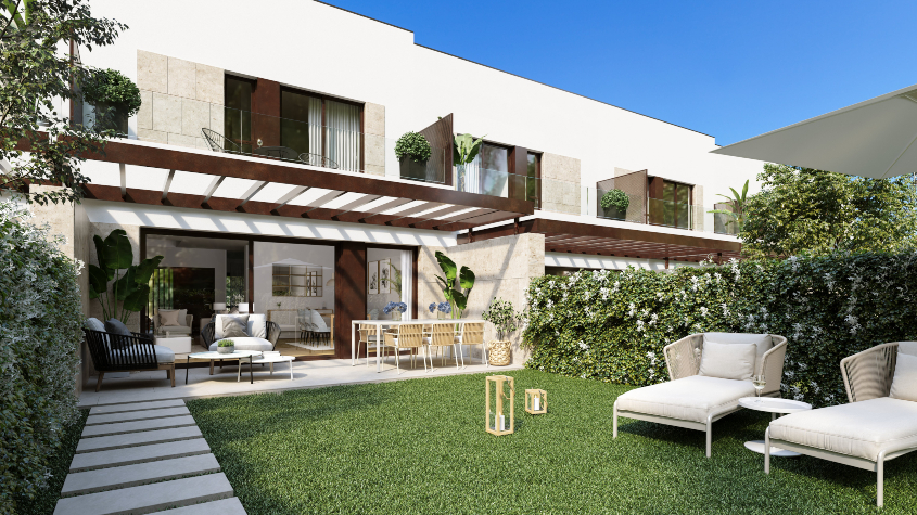 Porche y jardín de las viviendas de la promoción Etheria Gardens de AEDAS Homes en Madrid, en el barrio de El Cañaveral.